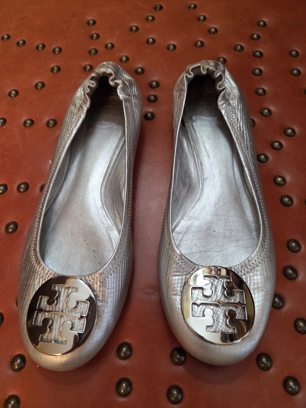 Tory Burch Metallic Silver Logo Ballet Flats